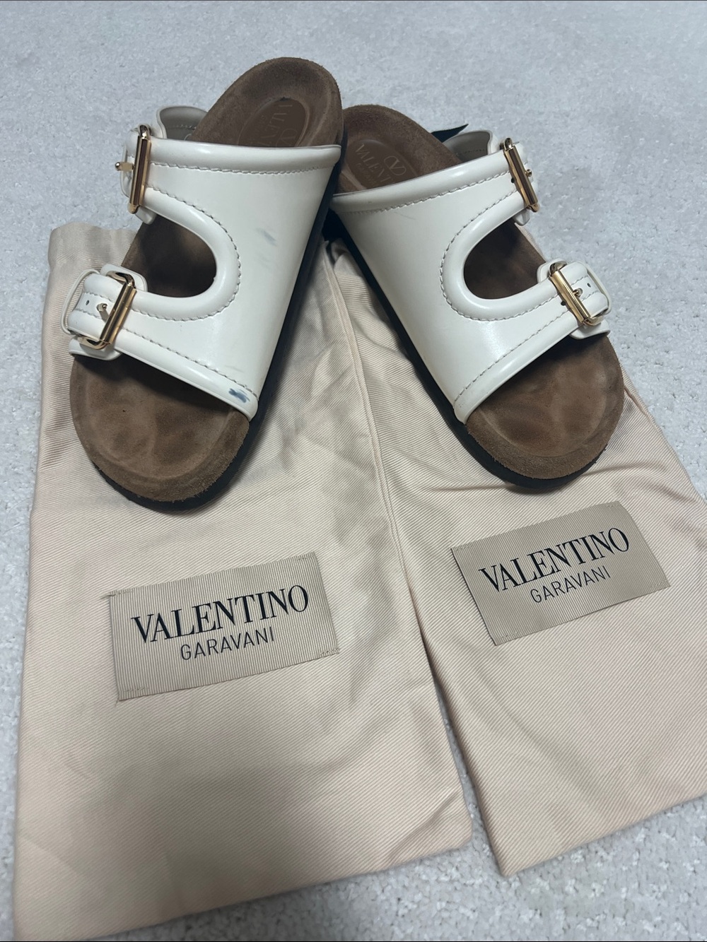 Valentino Garavani Cream Double-Buckle Slide Sandals with Gold Buckles Size 39